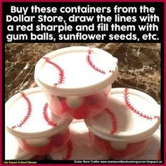 four plastic cups filled with red and white baseballs sitting on top of each other