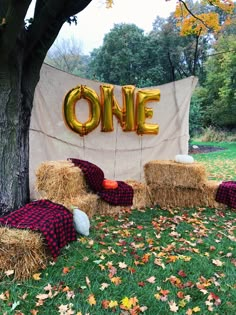 hay bales and balloons are arranged in the grass near a sign that says one