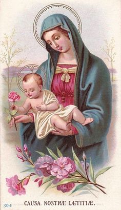 an image of the virgin mary holding a baby in her arms and flowers around her neck