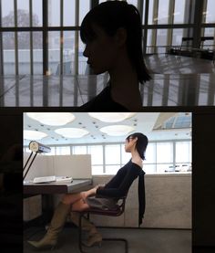 two pictures of a woman sitting at a desk in front of a window and looking up