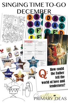 Collage with "Singing Time To-Go December" theme, featuring nativity scenes, music notes, stars with words, and a question about love and tenderness. Christmas Karaoke, Christmas Singing, Lds Primary Songs, Christmas Sunday, Primary Program, Time Lessons, Primary Songs, Primary Ideas