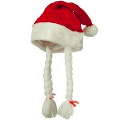 a red and white santa hat with long hair