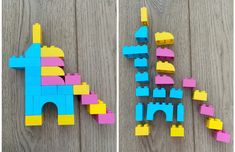 two pictures side by side with lego blocks in different colors and shapes