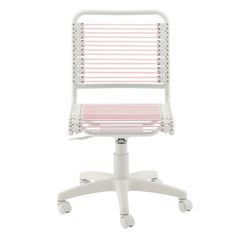 a white desk chair with pink and white stripes on the seat, viewed from the front