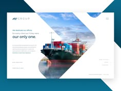 a brochure with a large container ship in the water and blue sky behind it