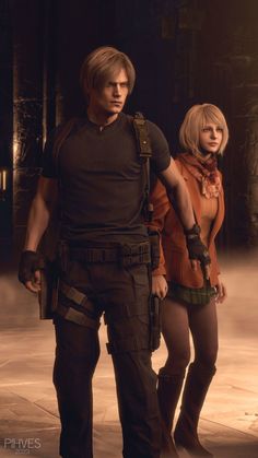 two people standing next to each other in front of a dark background with the words resident evil written on it