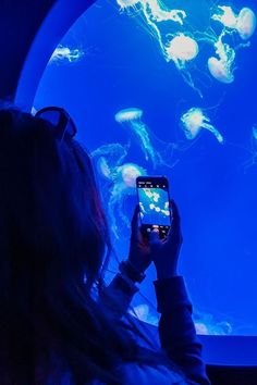 a woman taking a photo of jellyfish in an aquarium with her cell phone at night