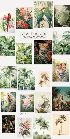 the jungle is full of tropical plants and animals that are painted in pastel colors