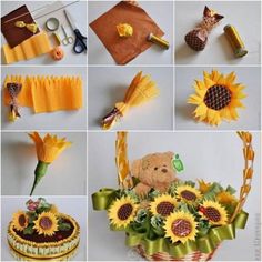 there are many different pictures of sunflowers in the basket and one has a teddy bear