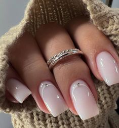 French With Glitter Base, Wedding Guest Nails Square, Nude Square Nails Short, Wedding Square Nails, Natural Elegant Nails, Short Nails Ideas Glitter, White And Gray Nails, White Simple Nails, Clean Nails Aesthetic