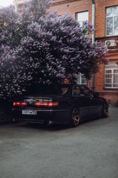 a car parked in front of a tree with purple flowers on it