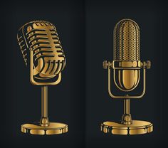 two golden microphones side by side, one with a mic on top and the other without