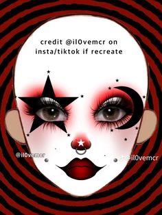 Moon Clown Makeup, Halloween Alt Makeup, Clown Makeup Black And Red, Brown And White Makeup, How To Do Clown Makeup, Creative Clown Makeup, Makeup Looks Face Paint, Clown Makeup Red And Black, Black And Red Clown Makeup