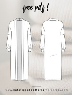 the front and back view of an unlined dress with long sleeves, on top of folded