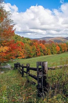 a wooden fence in the middle of a field surrounded by trees with fall foliages