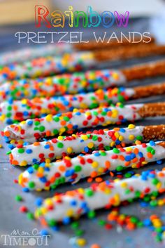 colorful sprinkles and pretzels are lined up