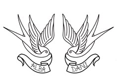 two birds with banners on their wings and the words bird drive written in black ink