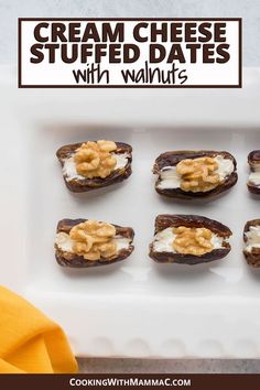 Cream Cheese Stuffed Dates with Walnuts recipe by Cooking with Mamma C. Platter of stuffed dates. Dates With Cream Cheese, Cream Cheese Stuffed Dates, Gluten Free Apps, Cheese Stuffed Dates, Italian Thanksgiving, Stuffed Dates, Keto Appetizers, Appetizer Dessert, Gluten Free Appetizers