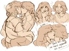 some sketches of people sitting next to each other, one is kissing the other's head