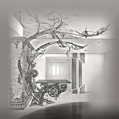 an artistic drawing of a room with a table and chair in it, surrounded by vines