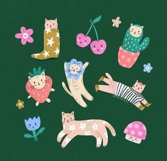 an image of cats and flowers in the air with their hands out to touch them