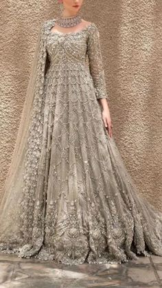 Silver Walima Dress Pakistani Bridal, Bridal Dresses For Walima, Pakistani Wedding Stage Walima, Reception Dress Pakistani, Walima Look Bridal, Nikkah Dress Pakistani, Walima Dresses Pakistani, Eid Post, Gown Pakistani