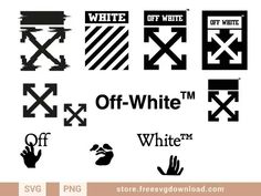 the off white logo is shown in different styles and colors, including black and white