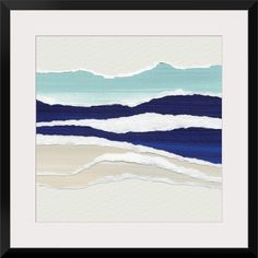 a painting with blue and white waves on the beach in front of a black frame