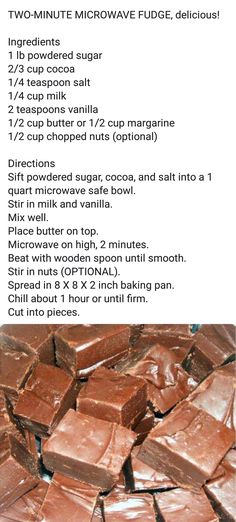 chocolate fudge is shown with instructions for how to make it