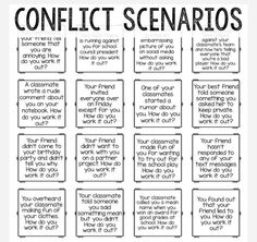 a poster with the words conflict scenarios written in black and white, on top of it