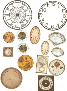 an assortment of different clocks and dials on a white background with black border around them