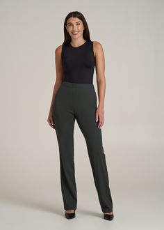 Stand Above the Rest in Style Sleek Pants for Tall Women Introducing your new power player: our tailored Dress Pants. These aren't just tall women's pants; they're a statement. With a flat front design and meticulous tailoring, they epitomize polish and poise. Whether you're commanding the boardroom or charming at a dinner, these women's tall pants ensure you stand out in comfort and style.• Slash and single welt pockets for utility and flair• Flat front for a smooth, modern silhouette• Full len