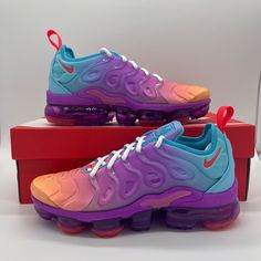 Nike Air VaporMax Plus Fuchsia Dream Crimson Sneakers FD0823-500 Womens Size NEW Multiple Sizes available!  ALL OUR SHOES ARE 100% AUTHENTIC  Box condition will vary. Box may have rips/tears but the shoes are not affected All items are typically shipped within 72 hours of purchase (excluding weekends) to the shipping address on file.  All items come from a clean and smoke free home! Read our feedback and buy with confidence! Your feedback is very important to us. If you had a great experience pl Multicolor Round Toe Running Shoes For Spring, Multicolor Cushioned Sneakers For Sports, Dynamic Purple Breathable Sneakers, Nike Spring Sneakers With Abzorb Midsole, Nike Sneakers With Abzorb Midsole For Spring, Sporty Purple Running Shoes With Air Cushioning, Colorful Vibrant Sneakers With Round Toe, Spring Multicolor Running Shoes With Boost Midsole, Purple Breathable Slip-on Sneakers