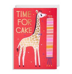 a card with a giraffe next to a piece of cake on a red background