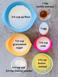 the ingredients to make an ice cream cake are shown in bowls and labeled on each side