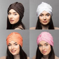 Turban is made of viscose jersey, viscose is a natural fiber, it also does not wrinkle like cotton and is more silky Pre-tied turban fits good for all seasons, it has good breathable, so it's not hot in it! READY TO WEAR: No need to wrap and tie! SIZE: Turban is stretchy, fits everyone between 20.5 - 23 in. (52 - 58 cm), (XS - L). SEND AS GIFT: If you need gift box, congratulatory message and express shipping, you can choose it all during checkout the order in the cart. (You can type the words i Summer Knotted Headscarf, Beach Turban With Knotted Detail, White Turban For Beach In Summer, Casual One-size Turban For The Beach, Casual One-size Turban For Beach, White Summer Turban, Summer Beach Turban, White Summer Beach Turban, Adjustable Wrap Turban For Summer