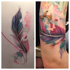 two pictures one with watercolors and the other with tattoos on it's arms