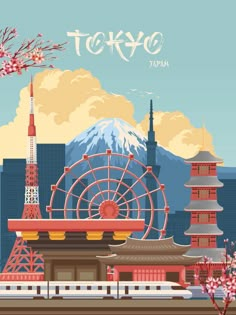 an image of tokyo japan with cherry blossoms in the foreground and mt fuji in the background