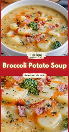 broccoli potato soup with cheese and bacon in a white bowl on a red background