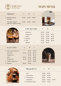 a menu with different types of drinks and prices for each drink in the restaurant or bar