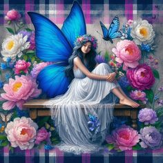 a painting of a woman sitting on a bench surrounded by flowers and butterflies, with a blue butterfly flying over her shoulder