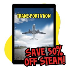 a tablet with the words transportation save 50 % off steam