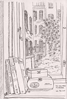 a pencil drawing of books on a window sill with a tree in the background