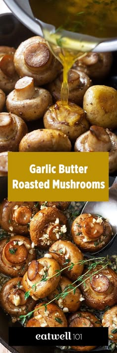 garlic butter roasted mushrooms being cooked in a skillet with oil pouring over the top