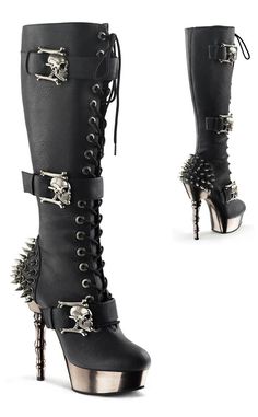 MUERTO-2028 Black & Pewter Boots-Demonia-Tragic Beautiful Skull Heels Boots, Goth Glam Shoes, Glam Goth Shoes, Spiked Boots, Demonia Boots, Hak Tinggi, Goth Shoes, Gothic Boots, Demonia Shoes