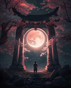 a man standing in front of an archway with the moon behind him and trees on either side