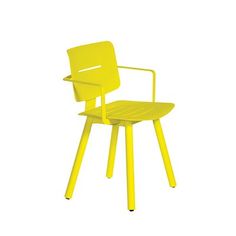 a yellow plastic chair with arms and legs, viewed from the front on an isolated white background