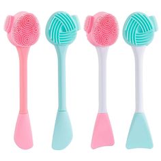 three toothbrushes with different colors and shapes on them, one is pink, the other is blue