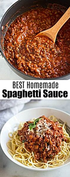 the best homemade spaghetti sauce is in a pan and ready to be served on the table