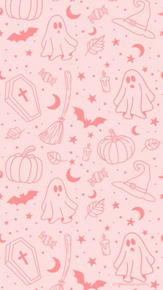 a pink and white halloween pattern with pumpkins, bats, ghostes, stars